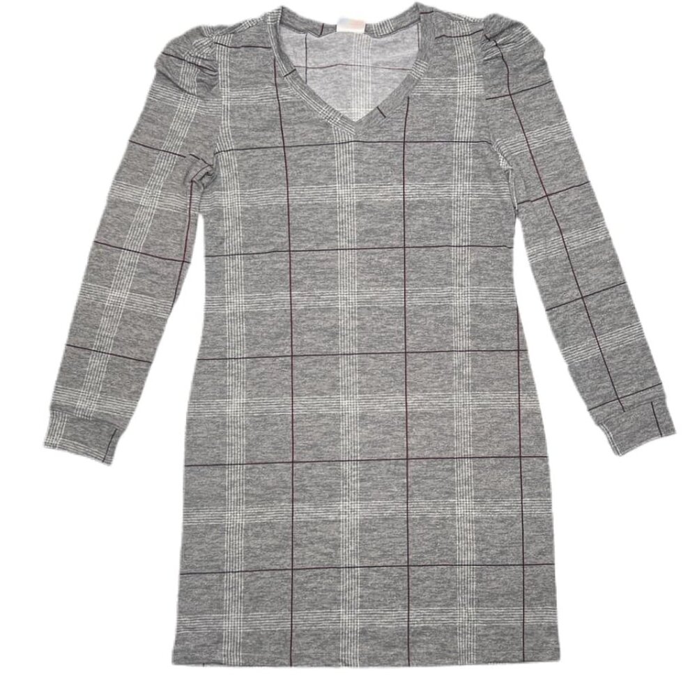 NEW XL LuLaRoe Ava Long Sleeve Gray Plaid Dress Poof Sleeve Fitted Stretch Midi